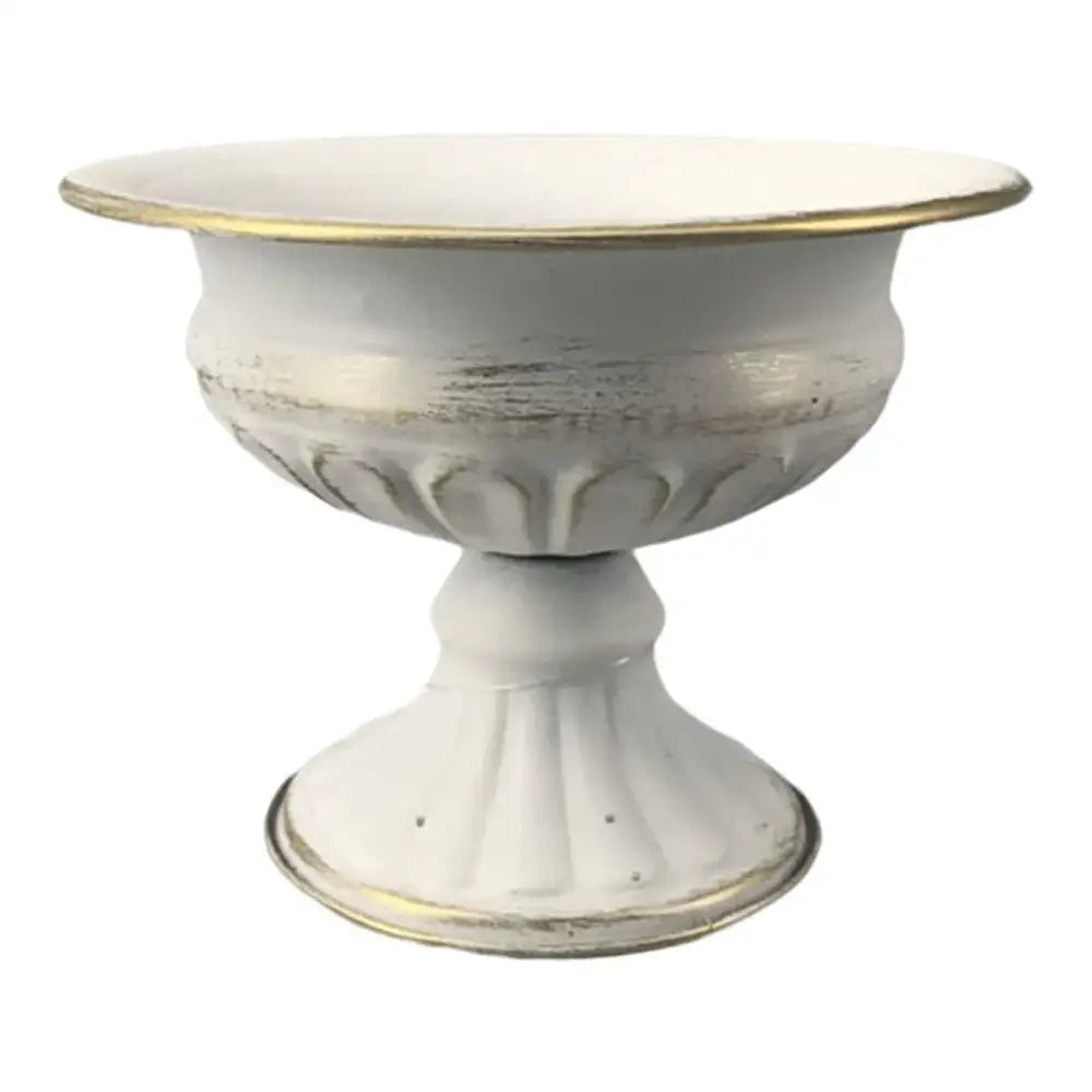 DecorBites™ elegant white distressed ceramic pedestal bowl with gold-trimmed rim metal flower vase base