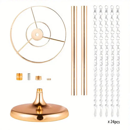 Gold-toned metal table centerpiece stand with clear crystal chain accents in elegant metal vases for wedding decor by decorbites