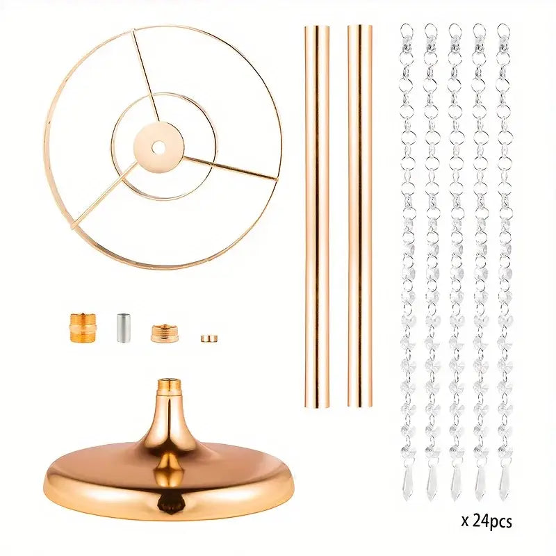 Gold-toned metal table centerpiece stand with clear crystal chain accents in elegant metal vases for wedding decor by decorbites