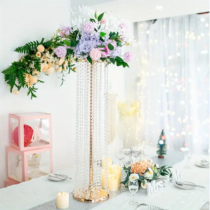 DecorBites™ elegant metal vase tall crystal centerpiece with gold-toned frame and cascading clear beads for wedding decor