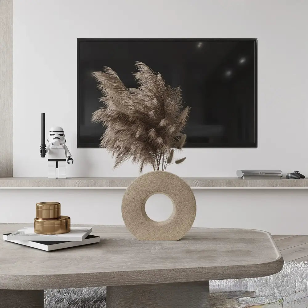 Beige textured DecorBites™ elegant nordic matte donut flower vase holding dried pampas grass for home decor