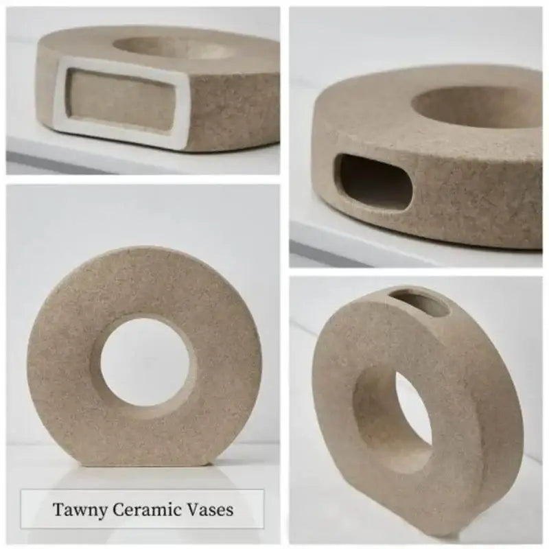 Tawny ceramic donut vase with minimalist ring design and subtle texture from DecorBites home decor collection