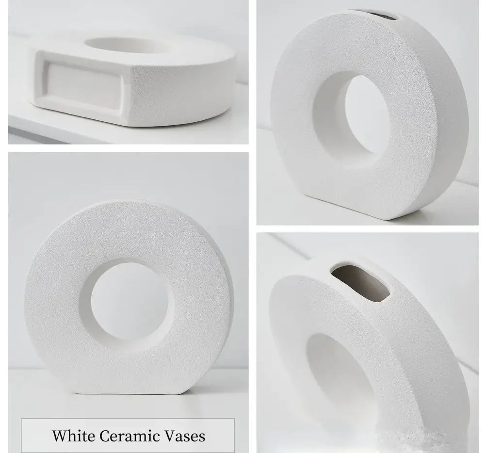 White ceramic donut vase with a textured matte finish and open center for elegant home decor by DecorBites™