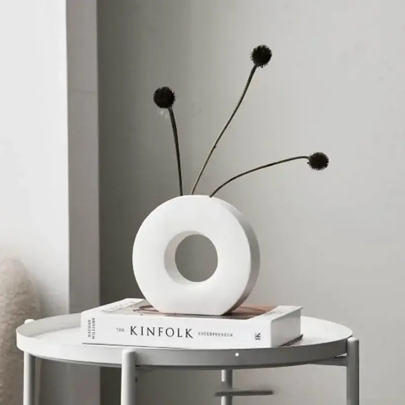 Decorbites™ elegant nordic matte white ceramic donut flower vase with central hole holding black dried flowers for home decor