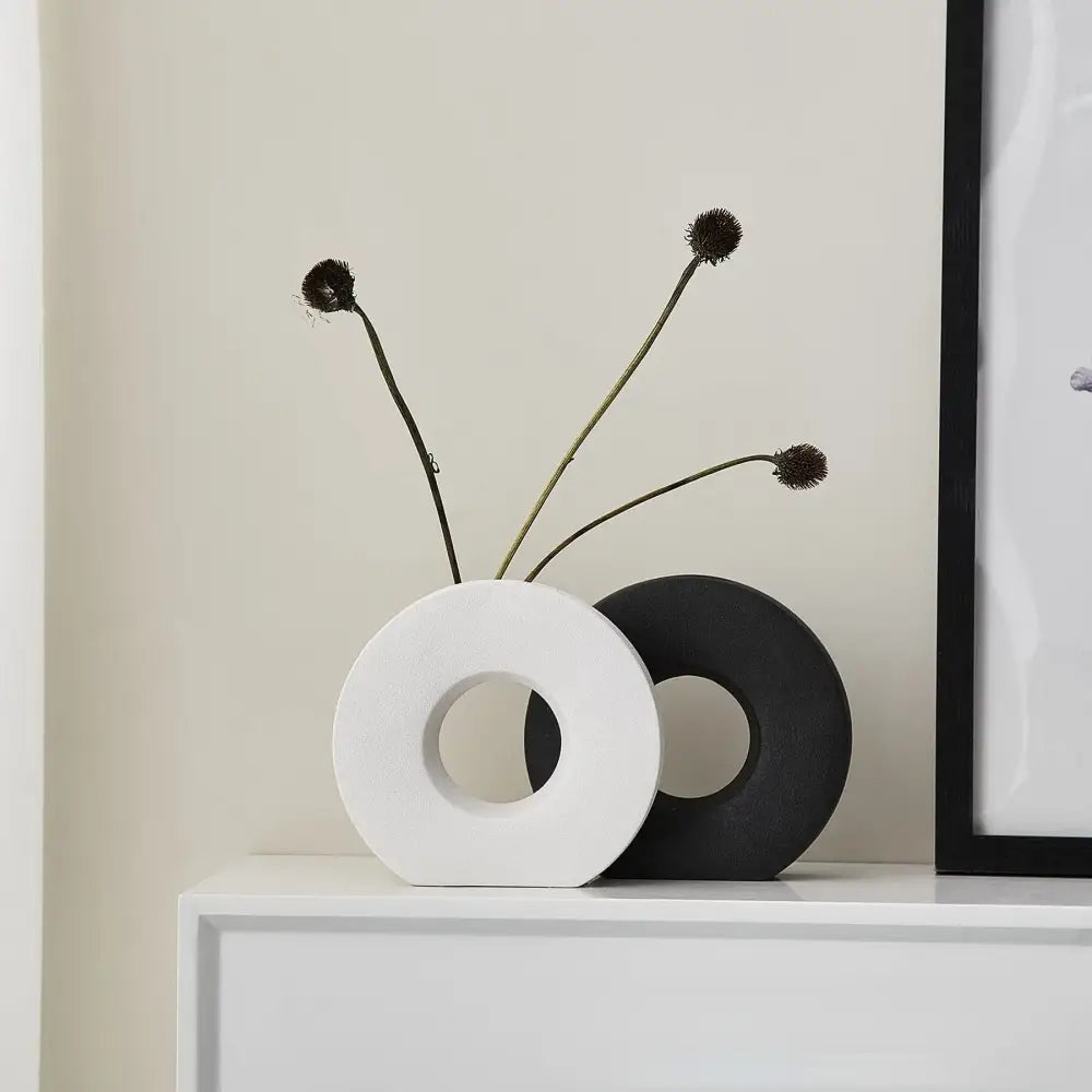 DecorBites™ elegant nordic matte ceramic donut vase in white with a black flower vase for stylish home decor