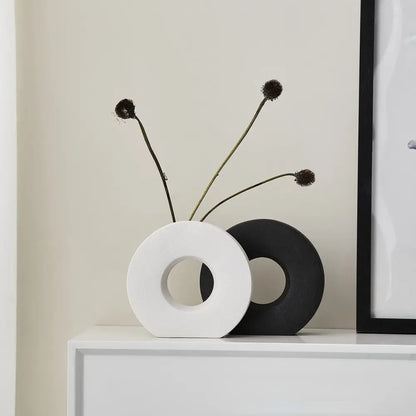 DecorBites™ elegant nordic matte ceramic donut vase in white with a black flower vase for stylish home decor