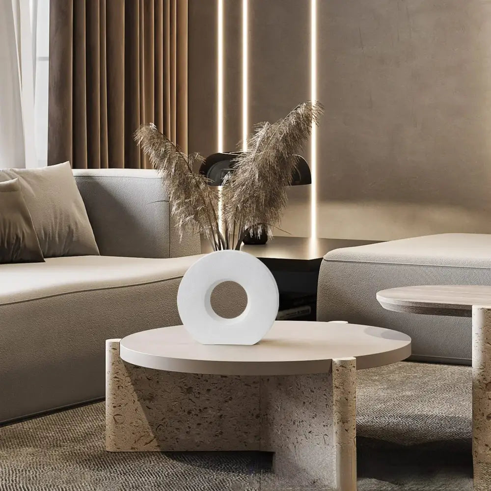 DecorBites™ elegant Nordic matte white ceramic donut flower vase holding dried pampas grass for home decor