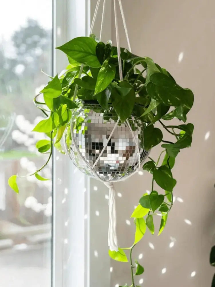 DecorBites™ elegant round glass vase hanging plant holder in spherical mirrored disco ball with white macrame cords