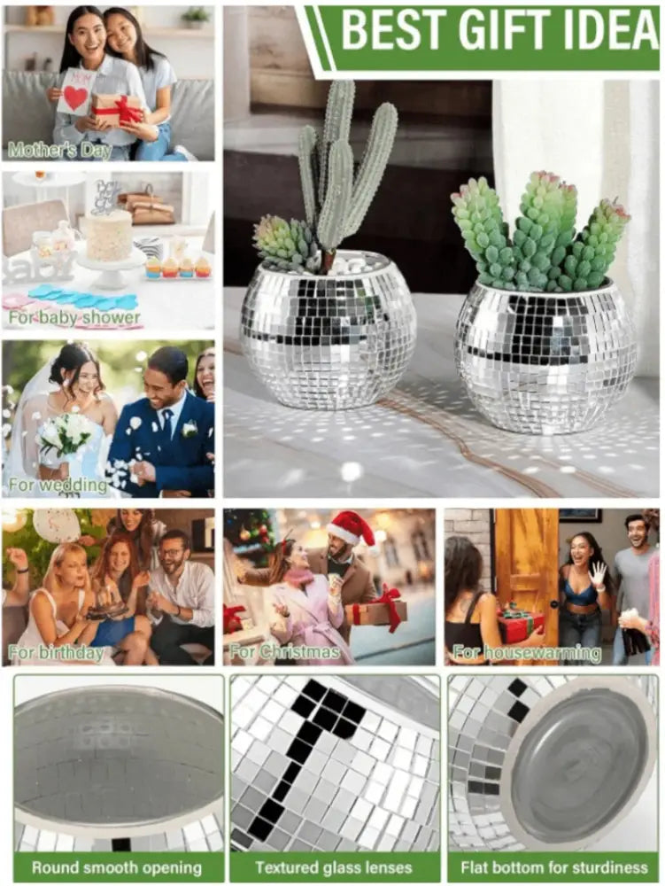 DecorBites™ elegant round glass vase silver disco ball planter with mirrored mosaic surface for home decor