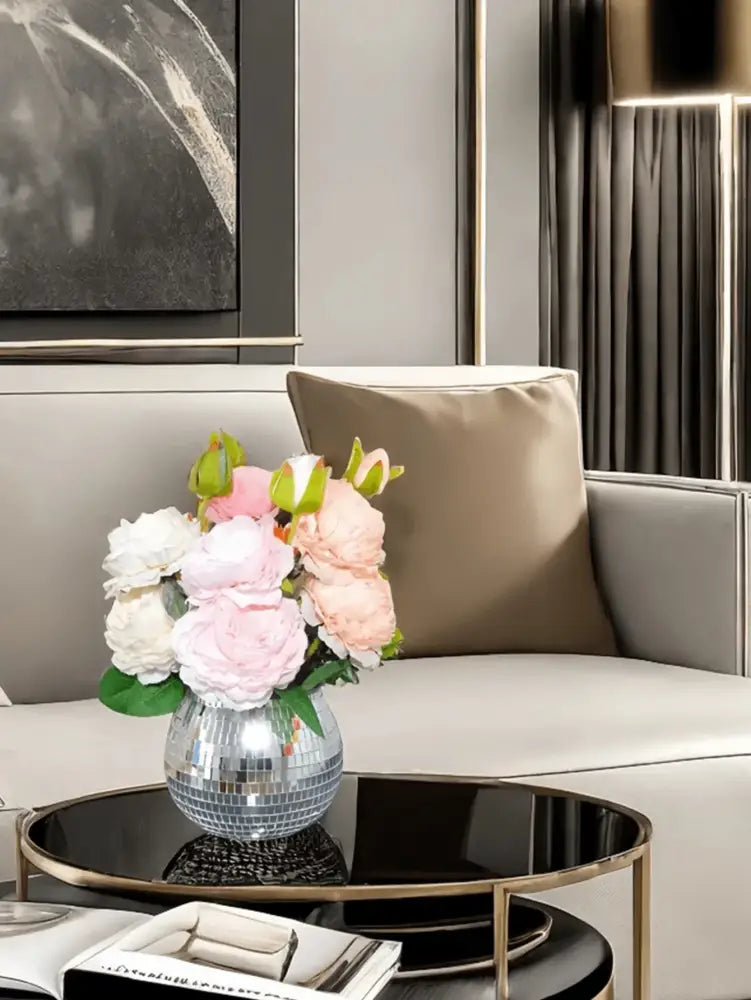 Decorbites™ elegant round glass vase in shimmering silver holding pink and white roses for home decor