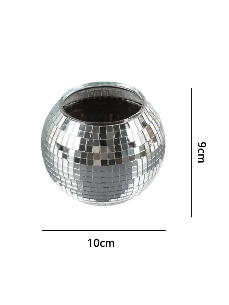 DecorBites™ elegant round glass vase with a spherical silver disco ball mosaic design and an open top for home decor