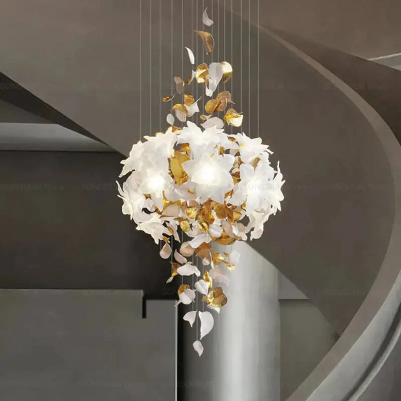 Decorbites elegant villa white and gold chandelier with delicate cascading petals for living room lighting