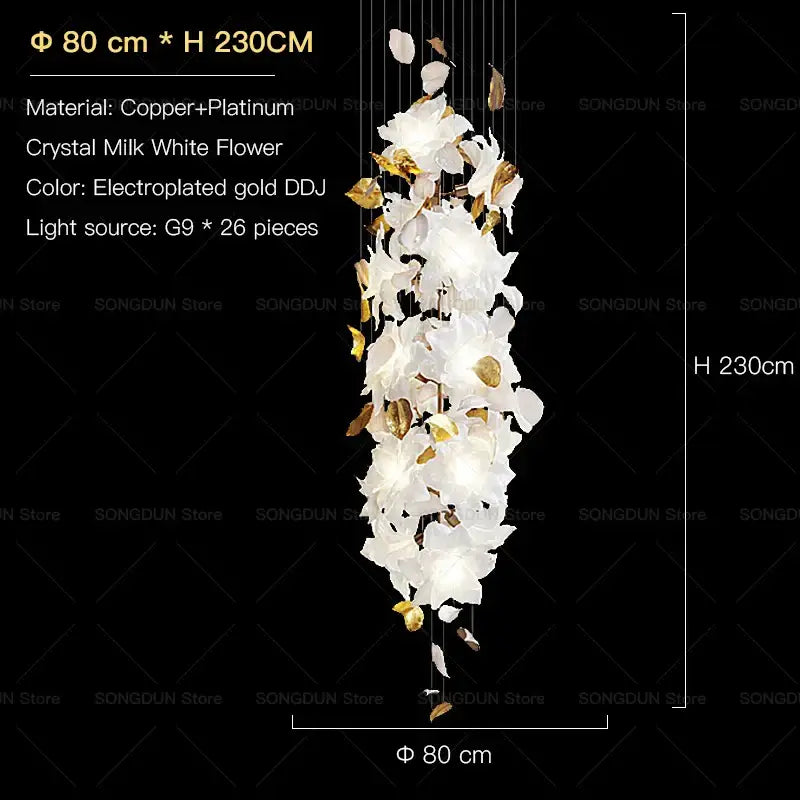 Elegant villa chandelier by Decorbites featuring cascading crystal milk white flowers with gold copper and platinum accents