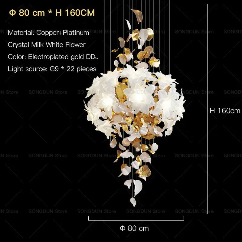 Elegant villa chandelier by decorbites with crystal milk white and gold leaf petals on copper-platinum frame, 22 g9 lights