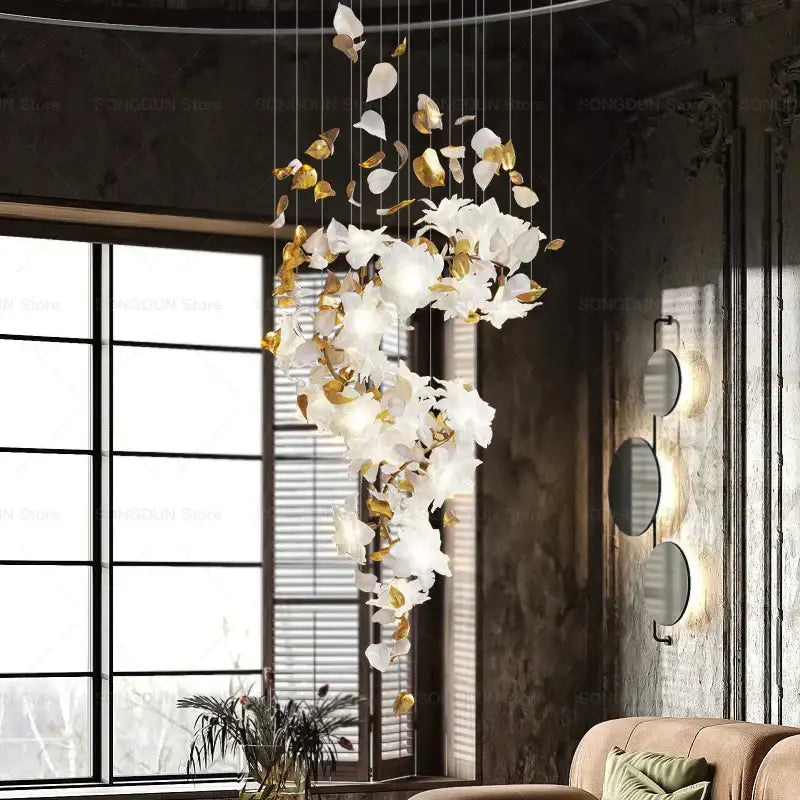 Elegant white and gold orchid-shaped chandelier with delicate petals by decorbites elegant villa for living room lighting