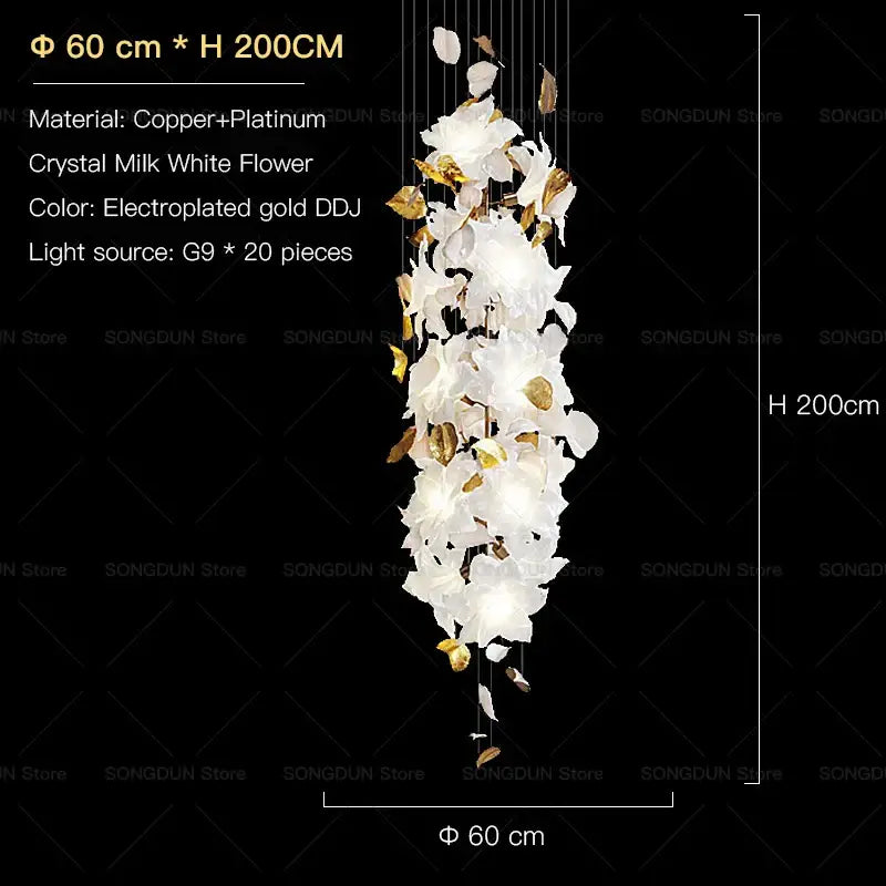 Decorbites elegant villa white and gold chandelier with electroplated gold, crystal milk white flowers, and copper-platinum accents