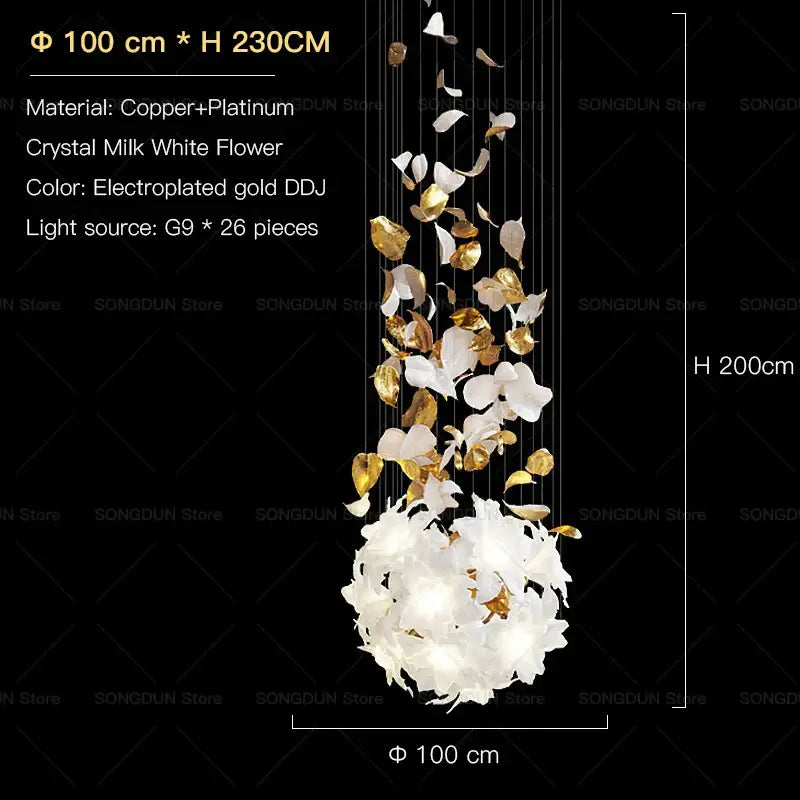 Elegant villa chandelier by decorbites featuring cascading milk white crystal and gold-leafed petals on copper wires