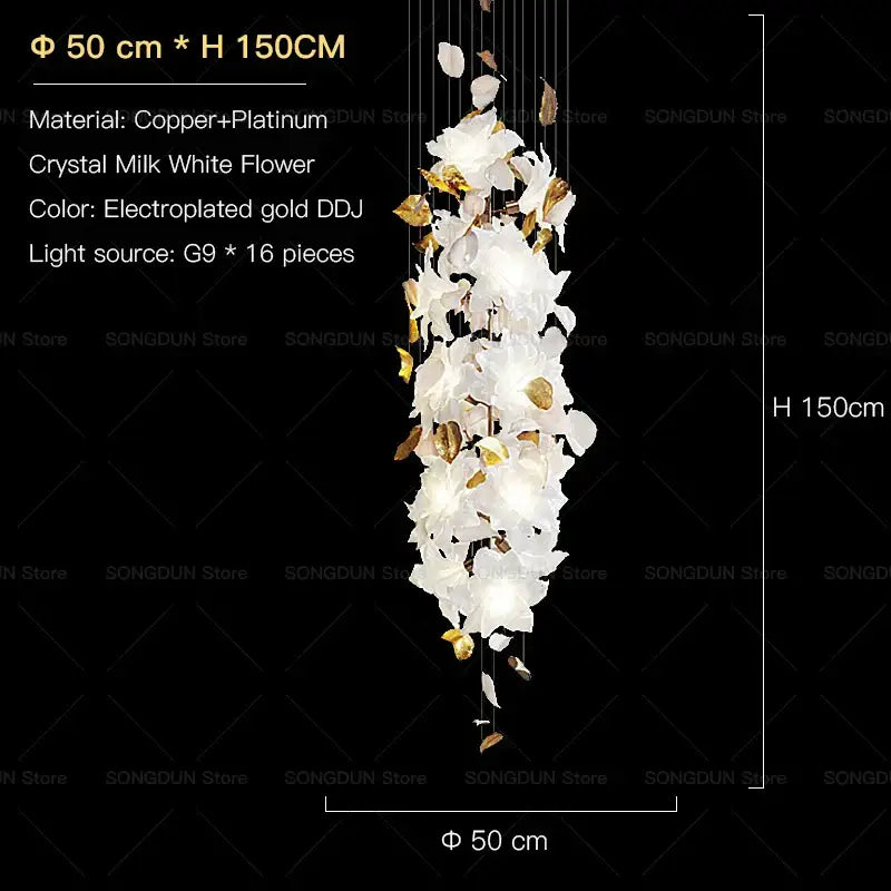 Elegant villa chandelier by decorbites featuring crystal milk white flower clusters with gold leaf accents in copper and platinum
