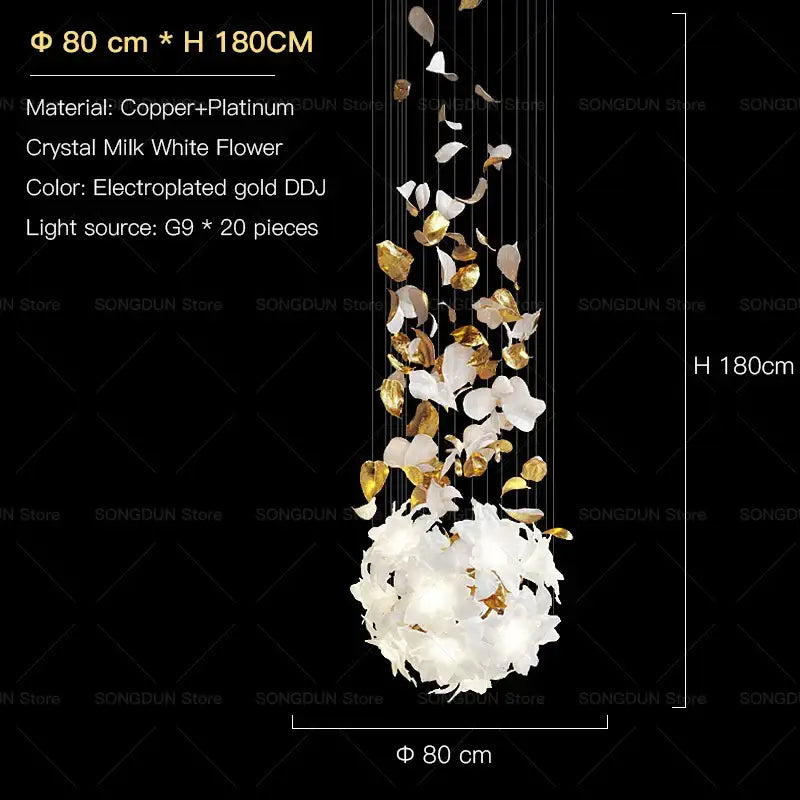 Decorbites elegant villa chandelier with cascading milk white crystal and gold-leafed petals on copper-platinum wires