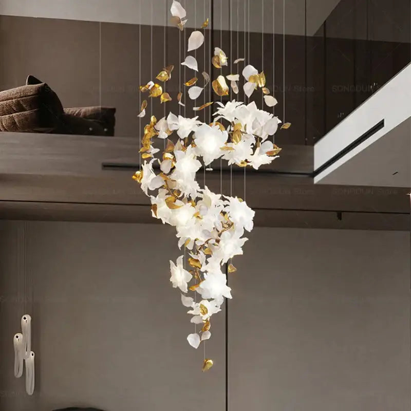 Elegant white and gold porcelain flower chandelier with cascading petals by decorbites elegant villa for living room light
