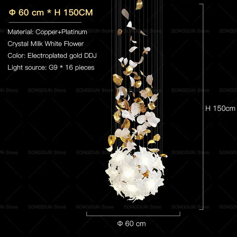 Decorbites elegant villa white and gold chandelier with crystal flower cascading design for living room lighting