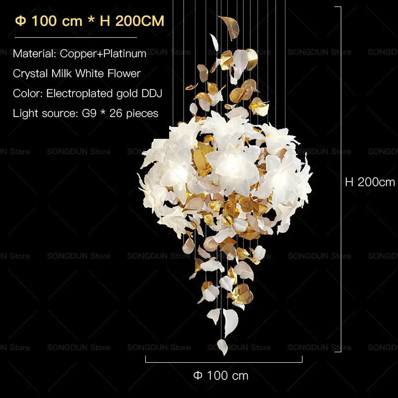 Decorbites elegant villa chandelier with crystal milk white gold petals suspended on copper platinum wires