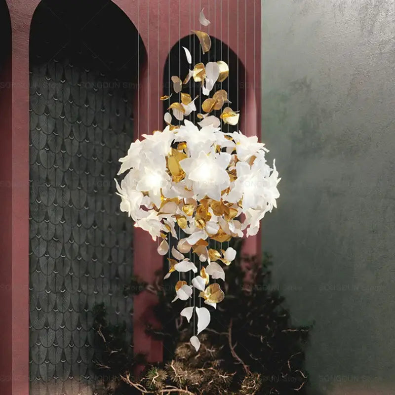 Decorbites elegant villa white and gold chandelier with cascading petals for living room lighting