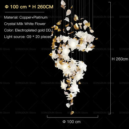 Elegant villa chandelier by decorbites featuring crystal milk white and gold-leaf petals on copper-platinum frame