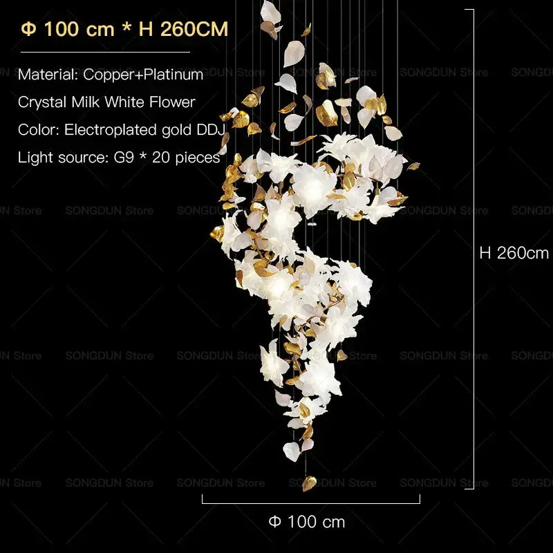 Elegant villa chandelier by decorbites featuring crystal milk white and gold-leaf petals on copper-platinum frame