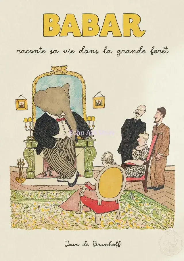 A sophisticated elephant babar in a black tuxedo with red bow tie print for kids room by decorbites babar family