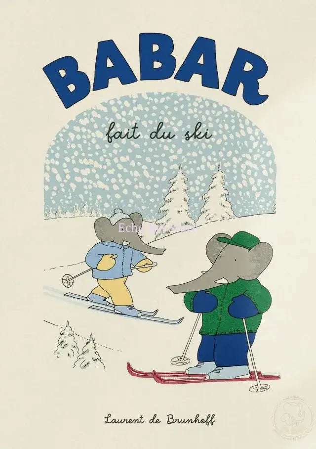 Decorbites™ elephant babar family cartoon print featuring blue and green elephant babar skiing for kids room decor