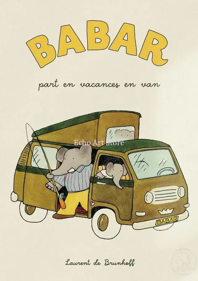 Brown and green vintage-style van with camper top featuring cartoon elephant babar family print for kids room decor