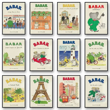 A collection of nine framed elephant babar family children’s book posters with colorful illustrations on cream backgrounds