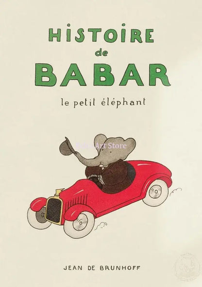 A canvas wall art featuring babar the elephant in a red vintage car from DecorBites™ elephant family cartoon series