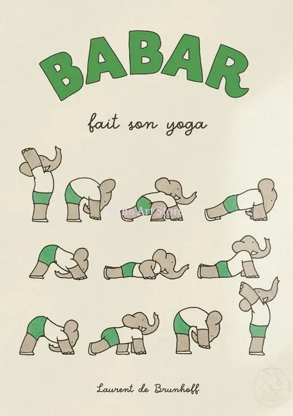 Decorbites green and beige canvas wall art featuring babar the elephant performing yoga poses in cartoon style
