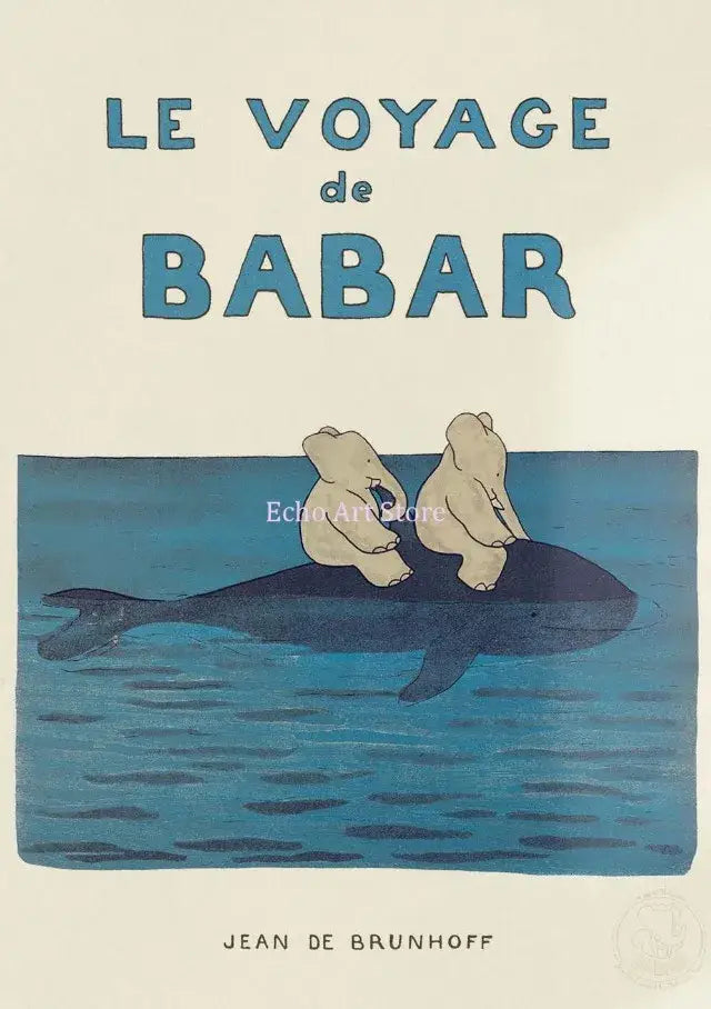 Blue illustrated kids room decor featuring beige elephant family cartoon sitting on dark blue whale family cartoon poster