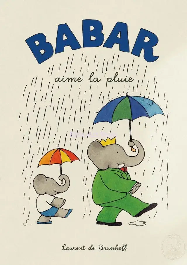 Decorbites™ elephant family cartoon poster featuring a cartoon elephant holding blue and green umbrella in rainstorm for kids room