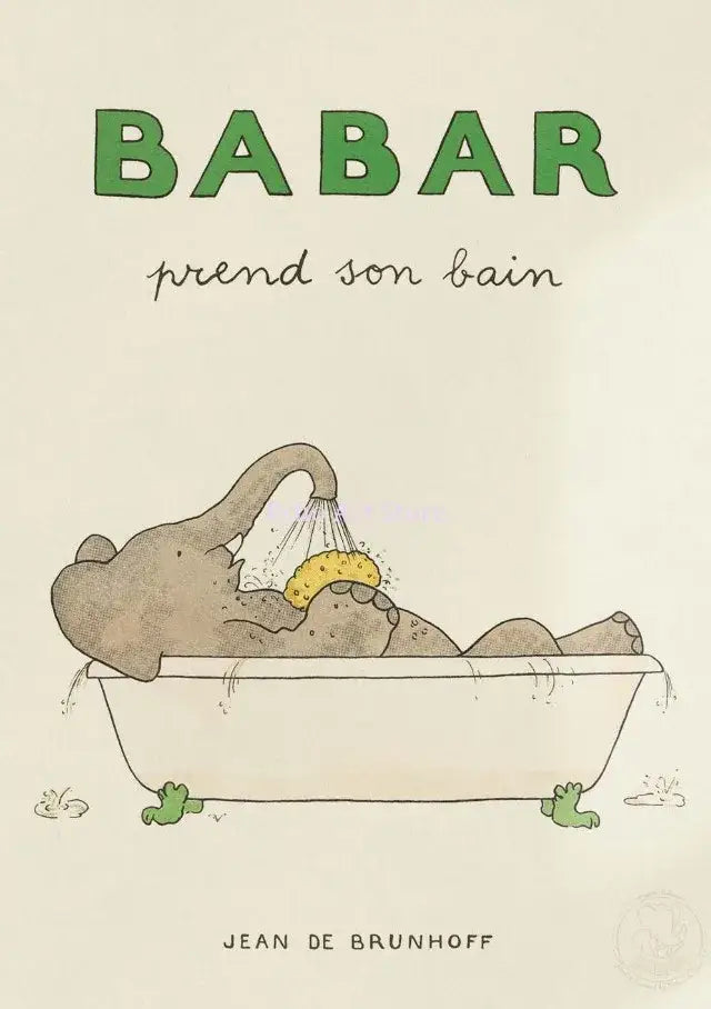 DecorBites™ elephant family cartoon poster featuring a brown elephant with yellow sponge in white bathtub for kids room
