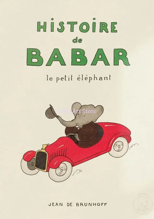 A charming kids room elephant family cartoon poster featuring babar the elephant in a red vintage car dressed in brown suit