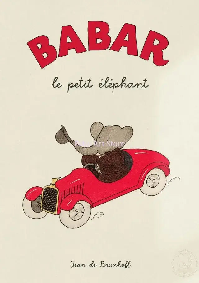 A charming elephant family cartoon poster for kids room featuring a gray elephant in a brown suit driving a red car