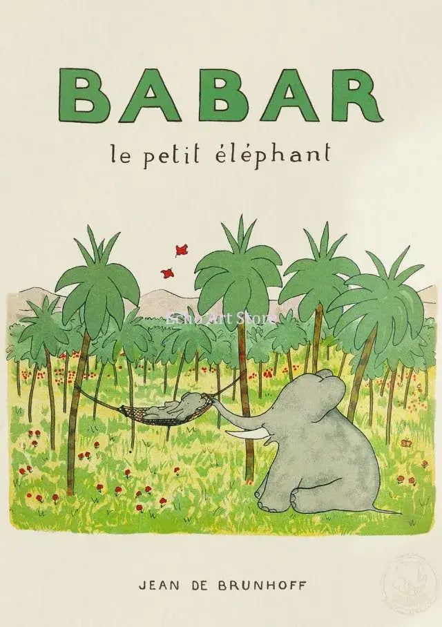 A charming elephant family cartoon poster for kids room featuring babar le petit éléphant by jean de brunhoff