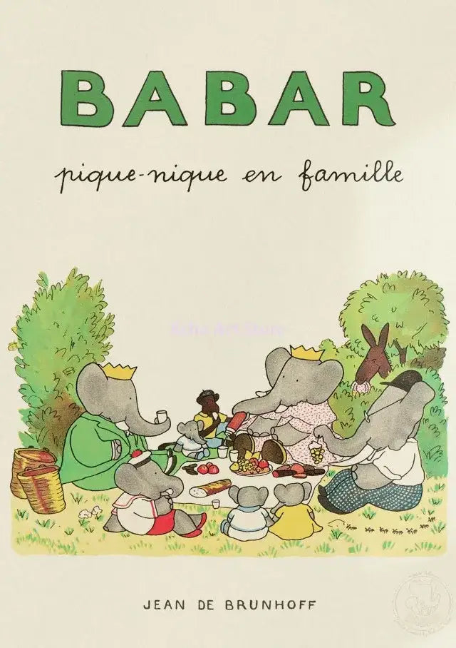 Cover of babar pique-nique en famille kids room elephant family cartoon poster featuring colorful picnic illustration