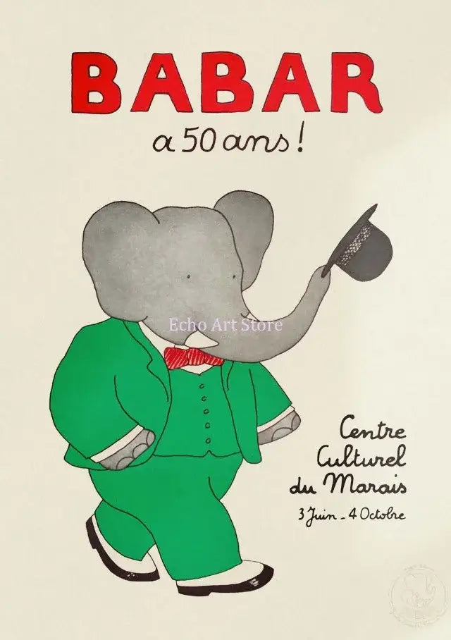 A charming gray elephant in a green suit with red bow tie tipping top hat in a decorbites kids room elephant family cartoon poster