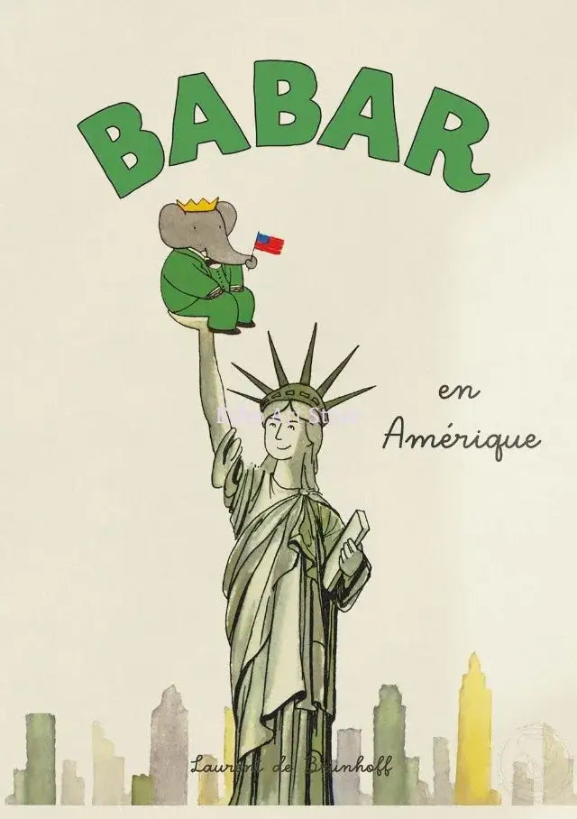 Decorbites™ elephant family cartoon poster for kids room featuring a green elephant with crown on statue of liberty arm