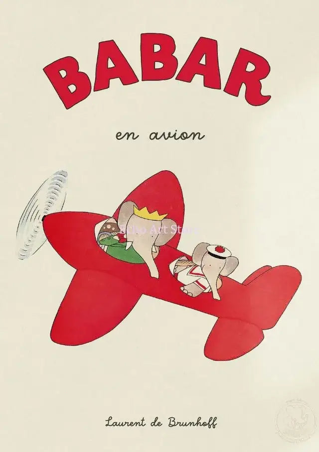 DecorBites™ elephant family cartoon poster for kids room featuring a red airplane with cartoon elephants and crowns