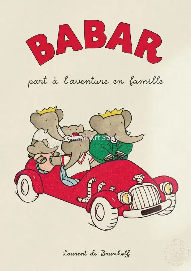 Decorbites™ elephant family cartoon poster for kids room featuring a red vintage car with four elephants in outfits