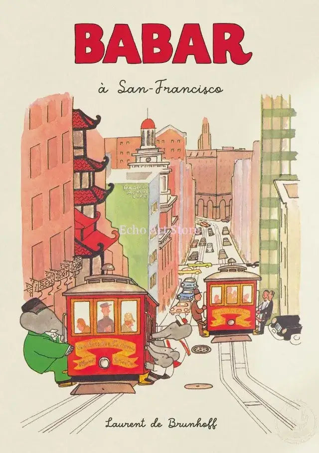 Decorbites™ elephant family cartoon kids room poster featuring red and yellow cable car with city backdrop
