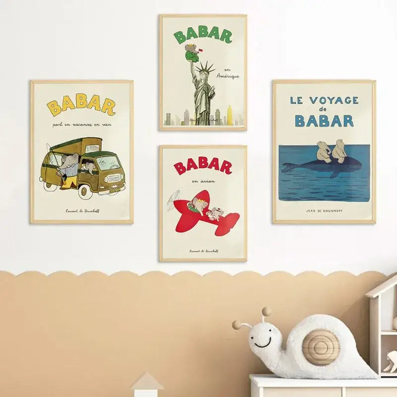 Set of four framed DecorBites elephant family cartoon posters with vintage illustrations for kids room decor