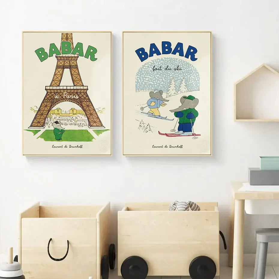 Two framed DecorBites™ elephant family cartoon posters in green beige and blue cream for kids room wall decor