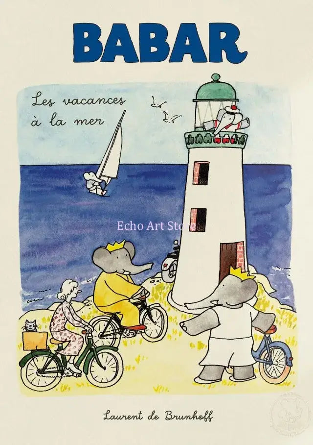 A charming watercolor elephant family cartoon poster for kids room featuring babar and his family by the seaside